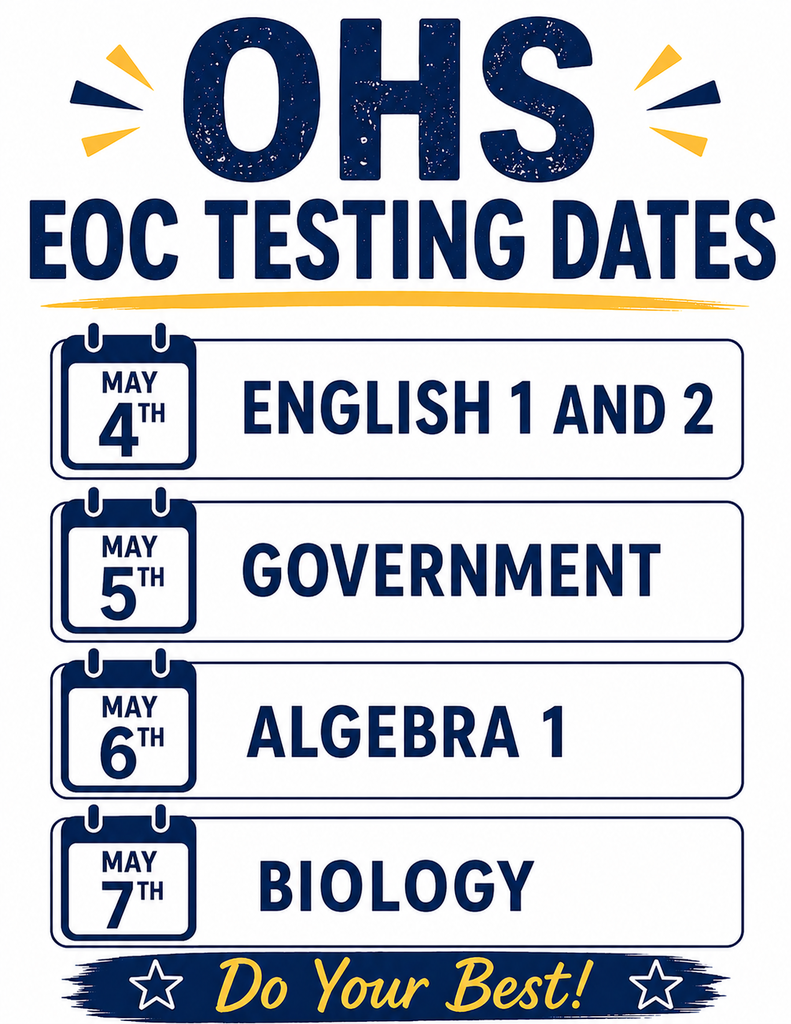 A blue and white calendar displays Eoc Testing Dates for OHS. Subjects include English 1 and 2 on May 4, Government on May 5, Algebra 1 on May 6, and Biology on May 7.