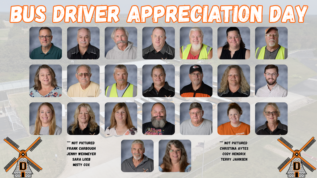 A collage of 15 photos of bus drivers. A windmill graphic is on each corner. Text at top reads "BUS DRIVER APPRECIATION DAY".