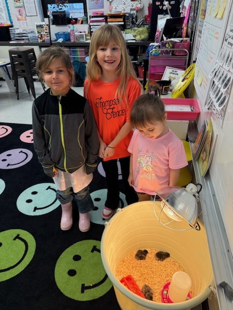 Three children in a classroom with a smiley rug, a large yellow bin, and a lamp.