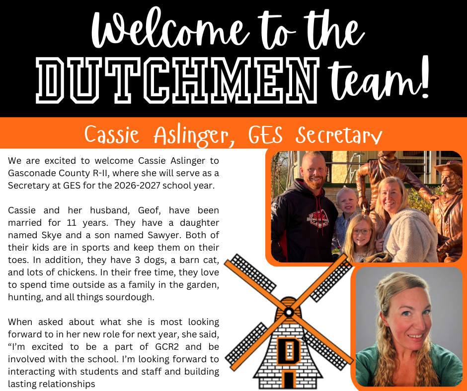 A poster announces Cassie Asinger's new role as secretary. Text and images show a family photo and Cassie's photo.