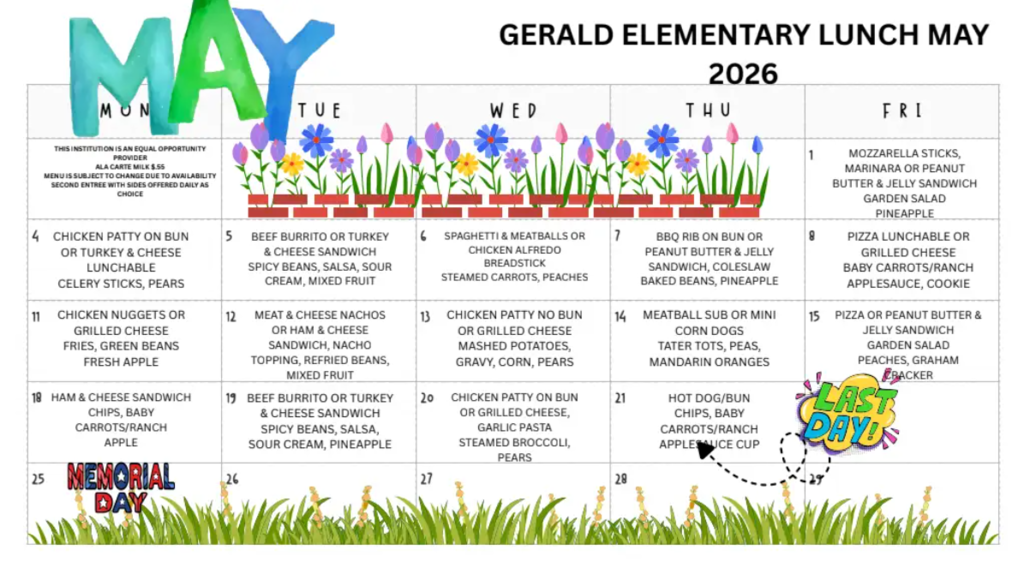 A menu for May 2026 displays lunch options for five days, with flowers and green grass in the background.