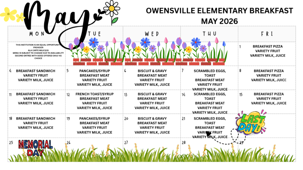 A calendar for May 2026 shows breakfast options, with flowers and green grass in the background.