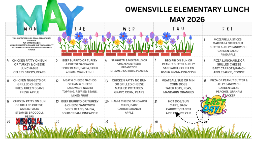 A lunch menu for May 2026 at Owenville Elementary. It includes meals for Monday through Friday.