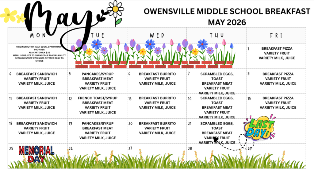 A May 2026 breakfast menu for Owensville Middle School includes sandwiches, fruit, and juice. The menu is on a green grassy background.