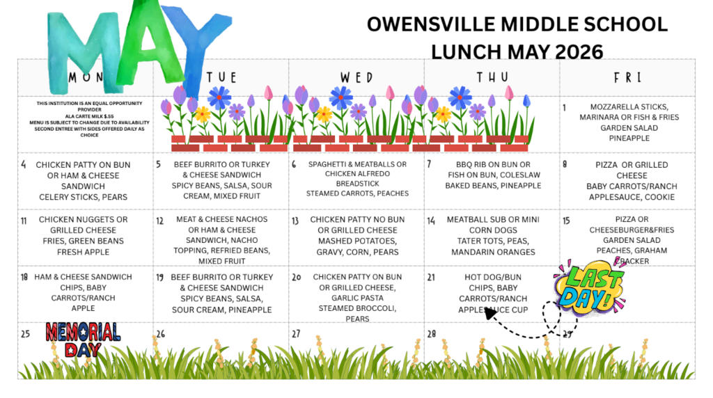 A colorful poster displays the lunch menu for May 2026 at Owensville Middle School, with a green grassy background.