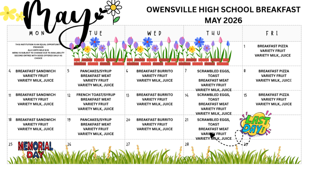 A calendar for May 2026, featuring breakfast options for each weekday. The calendar has a floral border.