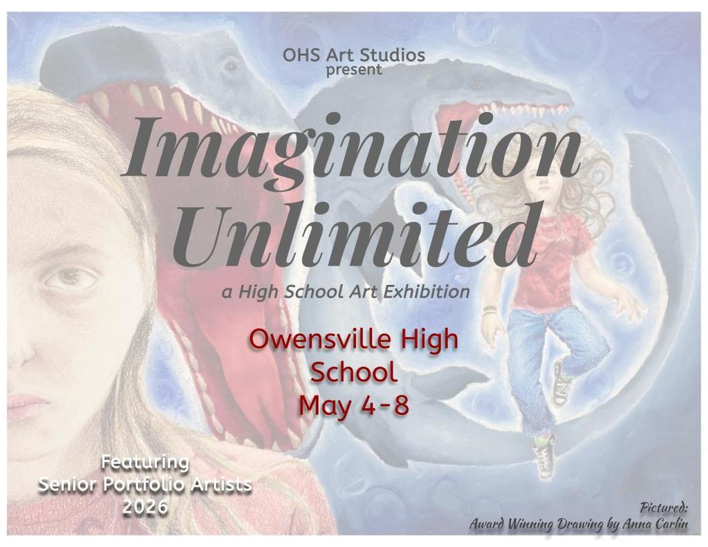 Event poster for Imagination Unlimited, a high school art exhibition. Features a girl's face, colorful background.