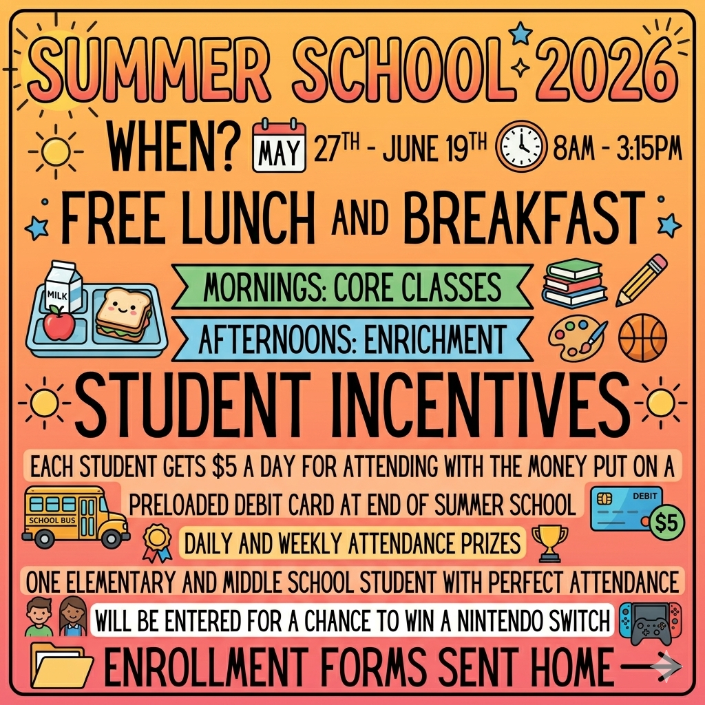 Bright poster advertising summer school for 2026, highlighting schedule, meals, and incentives. Dates span May 27 to June 19.