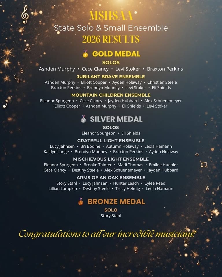 Results of a musical competition display on a black background with stars. Gold, silver, and bronze medals are awarded to solos and ensembles.