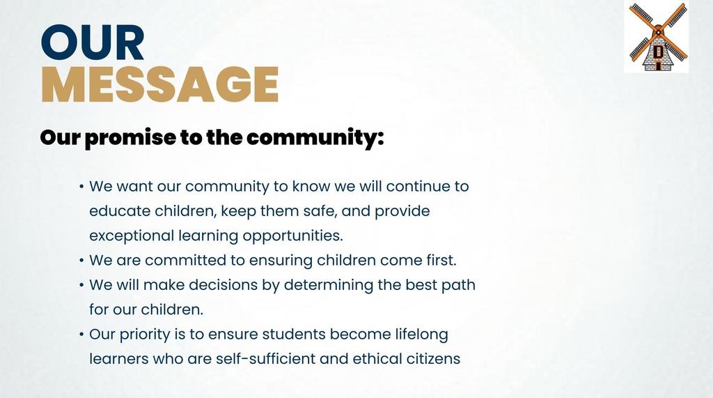 A white page displays "Our Message" in large text, followed by a list of commitments. Below, a windmill graphic is visible.