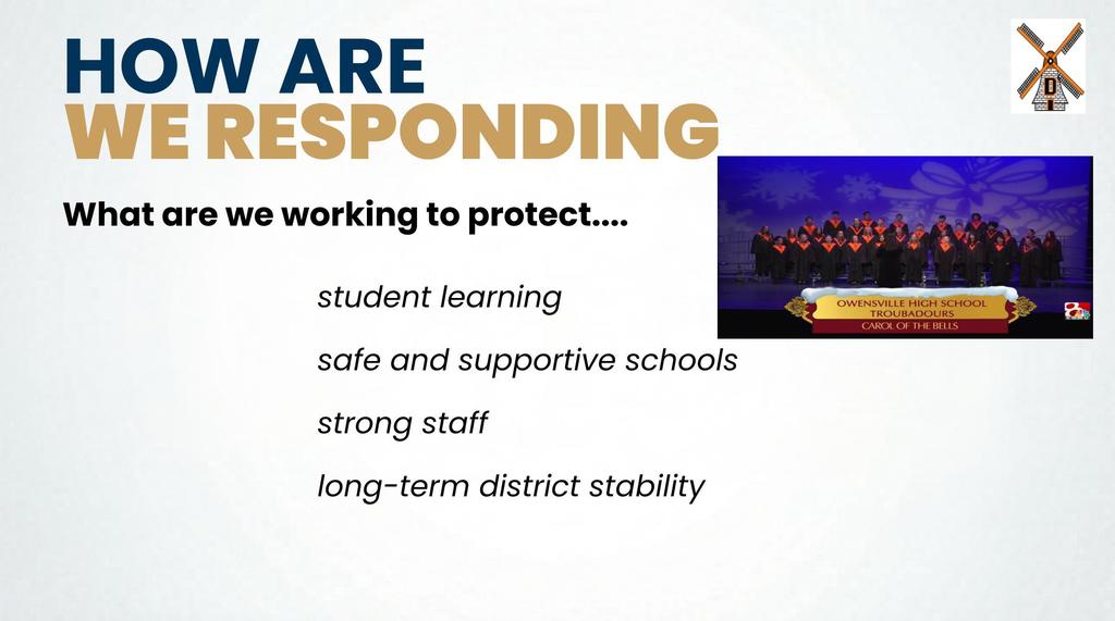 Blue text "How Are We Responding" with a blurred image of students and a pencil.