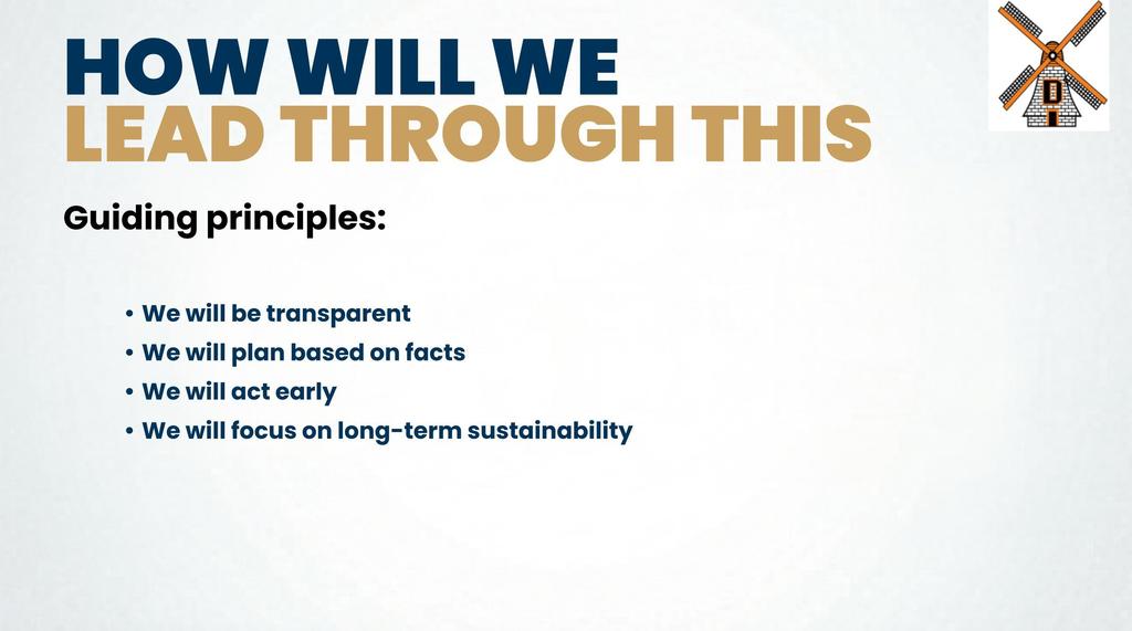 A white background displays a windmill icon and text. It reads "HOW WILL WE LEAD THROUGH THIS Guiding principles:" with bullet points.