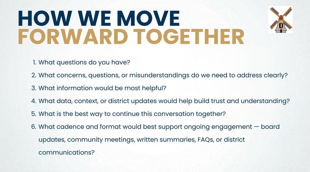 Text on a white background, reading "How We Move Forward Together" with a logo. Questions about concerns, information needs, and methods for ongoing engagement.