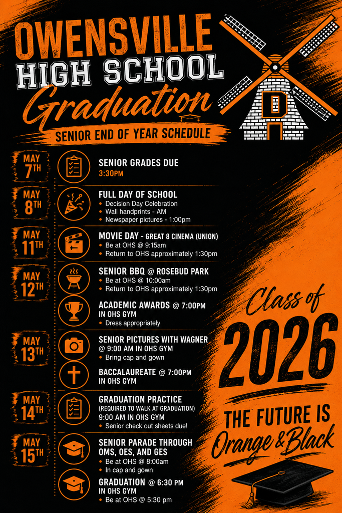 Black and orange graduation poster for Owenville High School class of 2026. Events include Senior Day, movie day, and Senior BBQ.