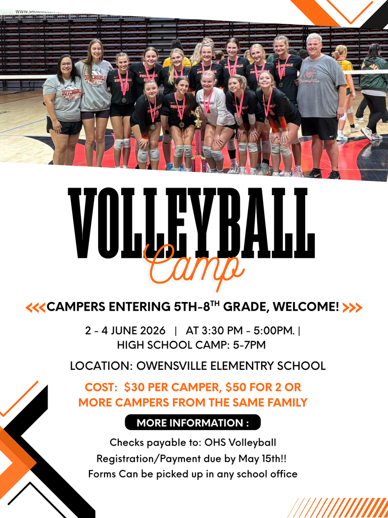 A flyer shows a volleyball team on an indoor court. It reads "Volleyball Camp" with details about dates, times, cost, and location.