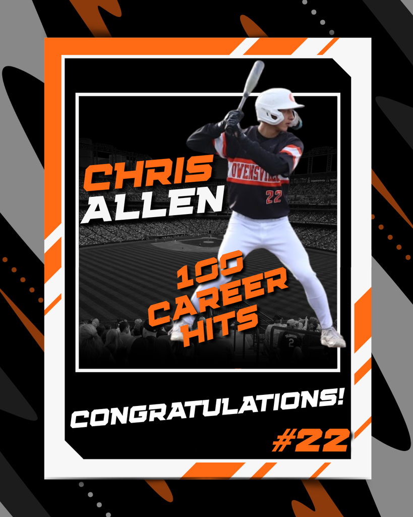 An athlete in a baseball uniform holds a bat, ready to swing. The text "100 Career Hits" and "Chris Allen" is displayed. A background shows a blurred stadium.