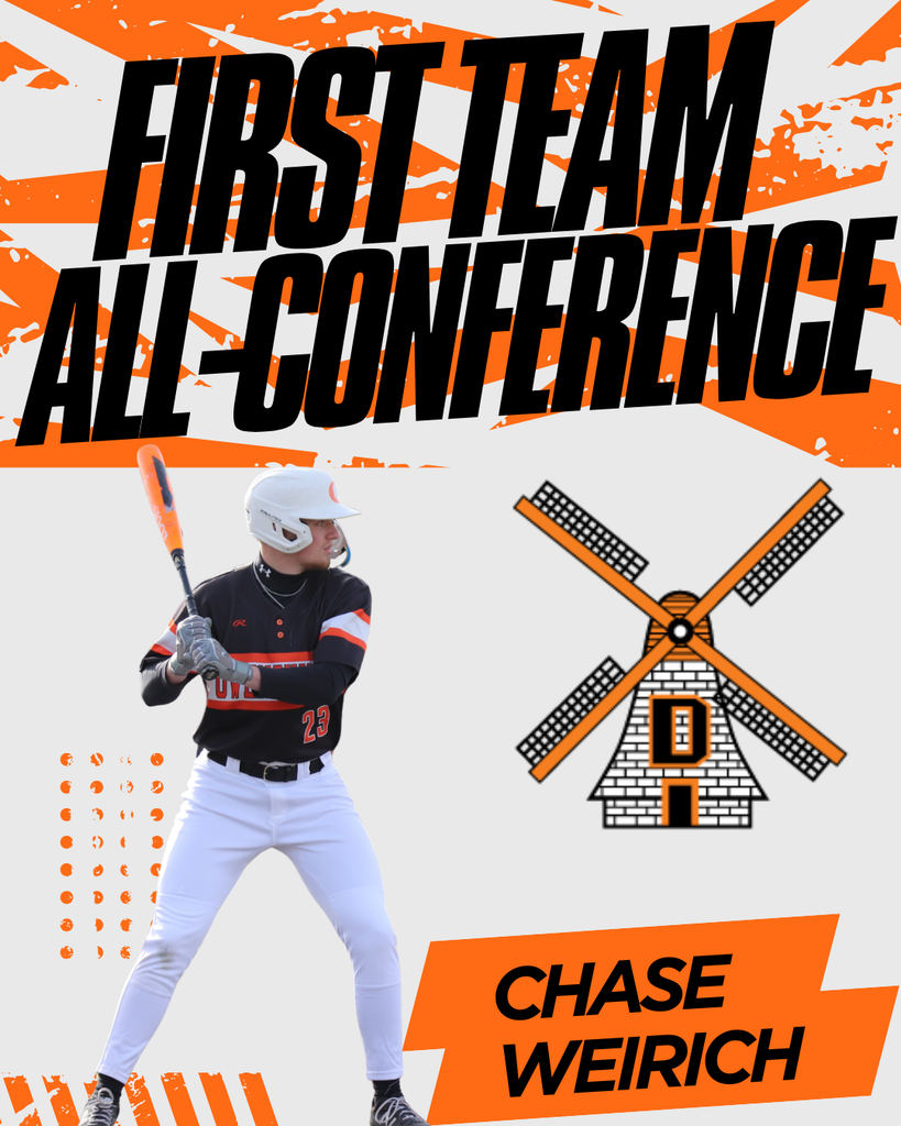 A baseball player in a black and orange jersey, holding a bat, is featured on a graphic. Text reads "First Team All-Conference Chase Weirich."