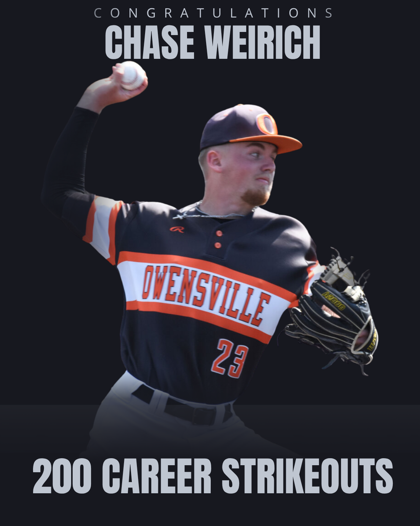 A baseball player in black and orange uniform throws a baseball. The text reads "Congratulations Chase Weirich 200 Career Strikeouts."