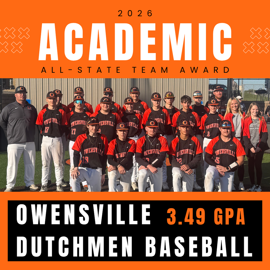 A baseball team in red and black uniforms poses for a photo. A banner reads, "2026 Academic All-State Team Award."