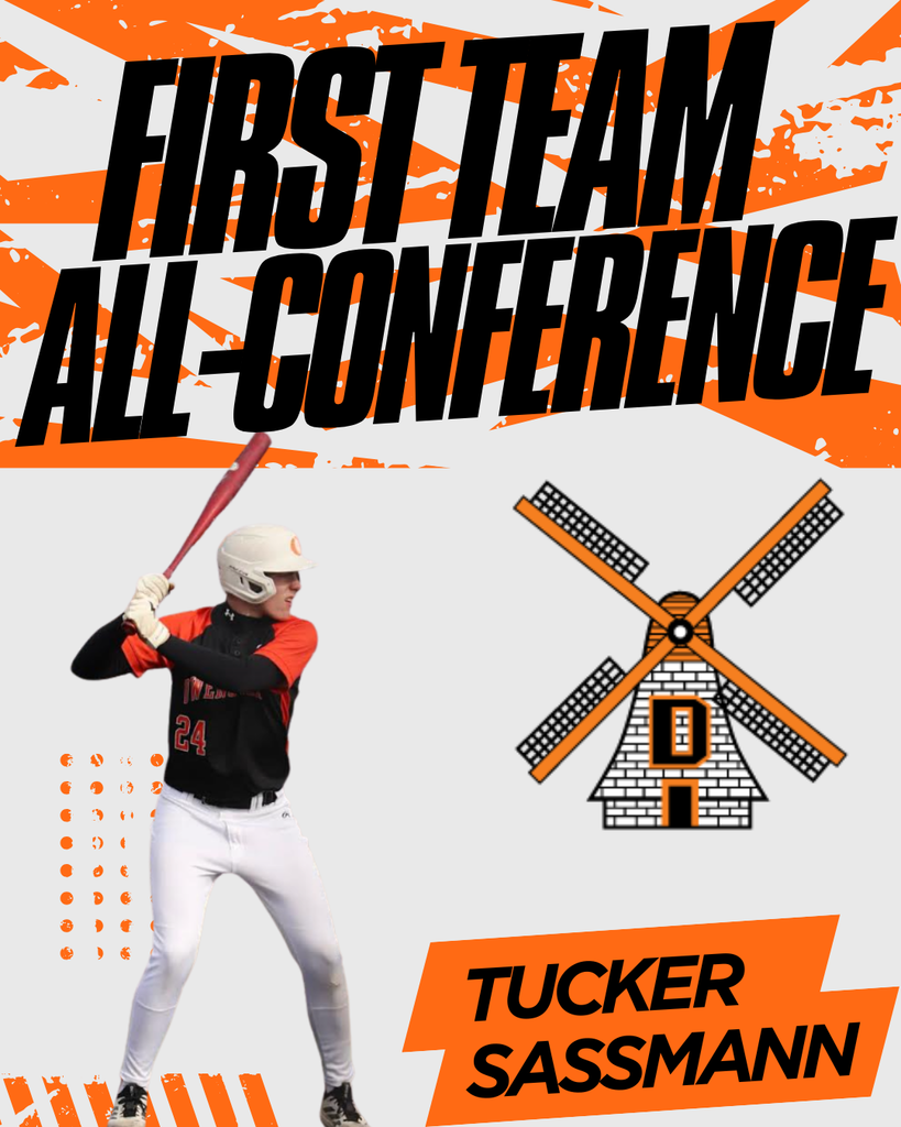 A baseball player in uniform swings a bat. An orange windmill logo appears behind. Text reads "First Team All-Conference" and "Tucker Sassmann".