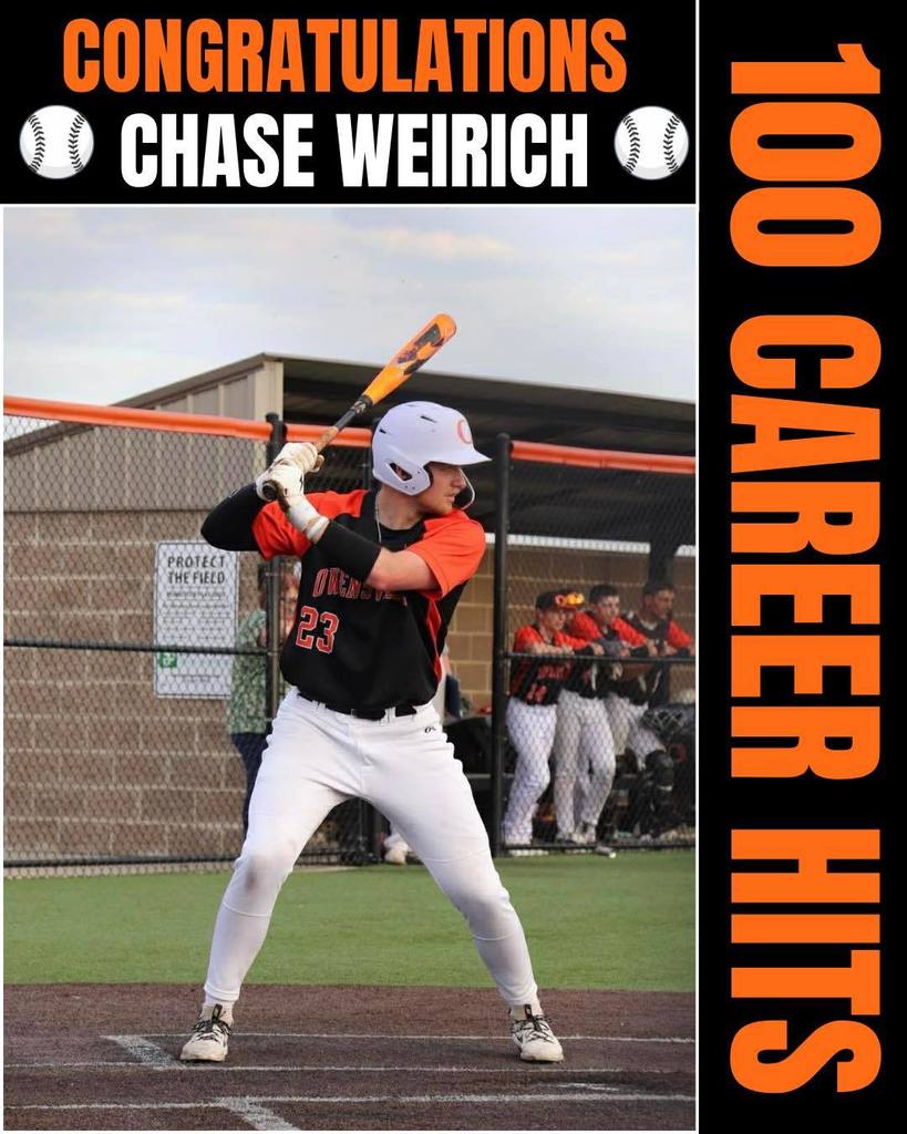 A baseball player with bat, helmet, and black jersey number 23, preparing to swing. Text overlay reads "Congratulations Chase Weirich 100 Career Hits".