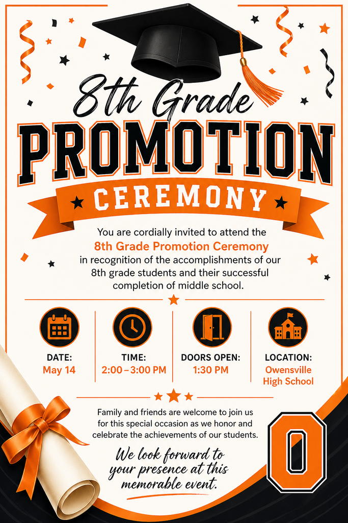 Promotional flyer for 8th Grade Promotion Ceremony. It shows a cap, diploma, date, time, doors opening time, and location.