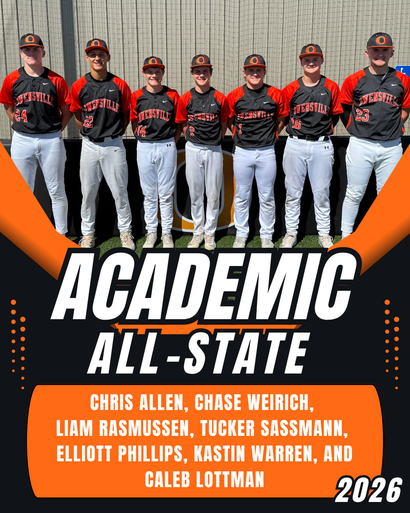 Seven male athletes stand in a row, wearing baseball uniforms, for an Academic All-State recognition.
