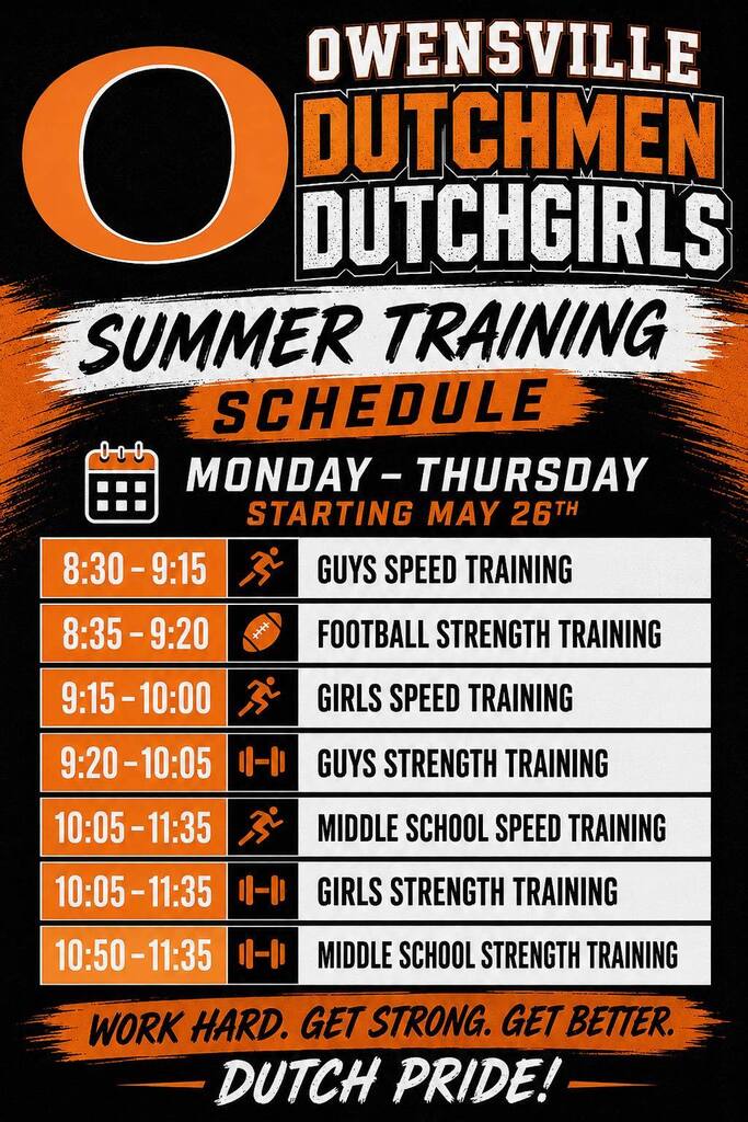 An advertisement displays a training schedule for the Owensville Dutchmen and Dutchgirls. Times range from 8:30 AM to 11:35 AM.