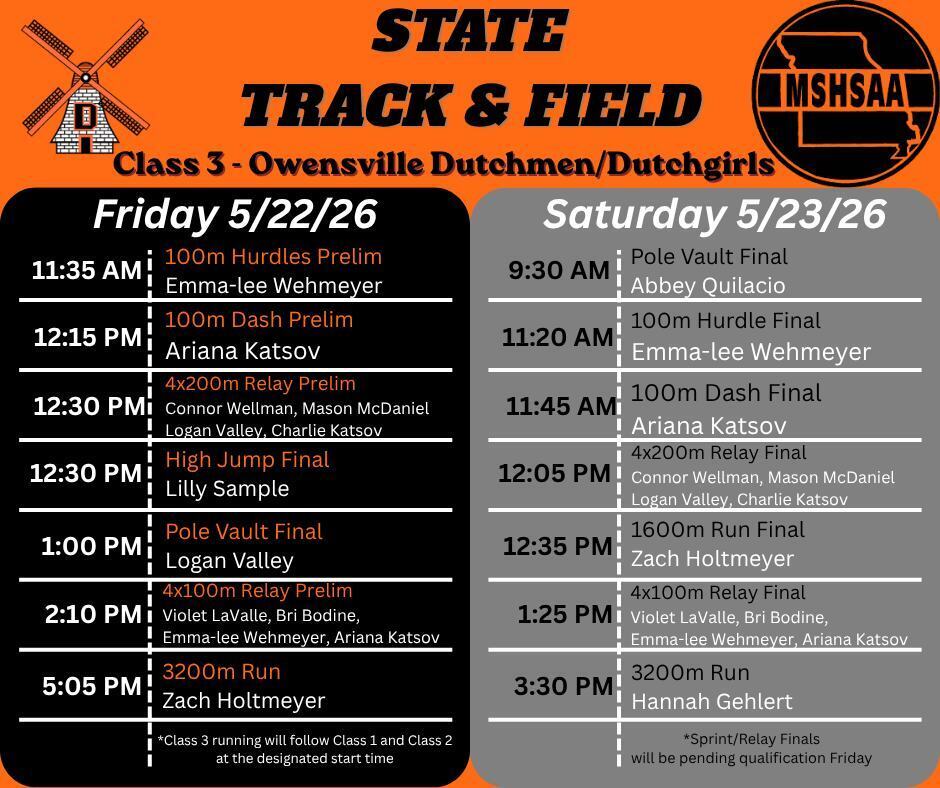 An orange poster shows the schedule for a Class 3 state track and field event for May 22 and 23.