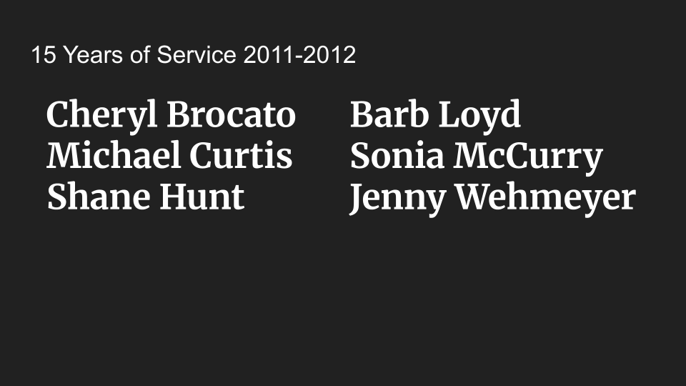 Names on a black background, with "15 Years of Service 2011-2012" at the top.