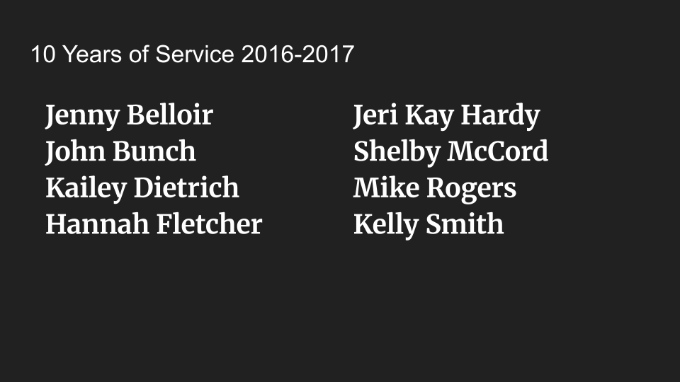 Black background with white text listing names, including Jenny Belloir, Jeri Kay Hardy, John Bunch, Shelby McCord, Kailey Dietrich, Mike Rogers, Hannah Fletcher, and Kelly Smith.