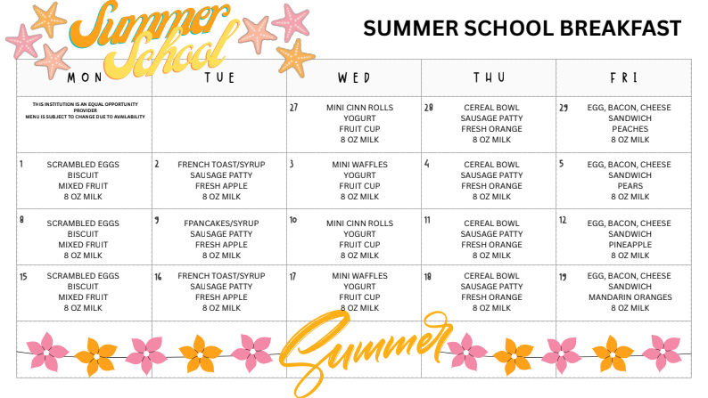 A weekly breakfast menu for summer school, highlighted by yellow and pink stars, flowers, and the words "Summer School".