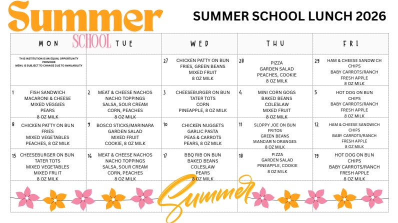 A summer school lunch menu for 2026, displaying meal options for five weekdays. Each day lists a main dish and a side.