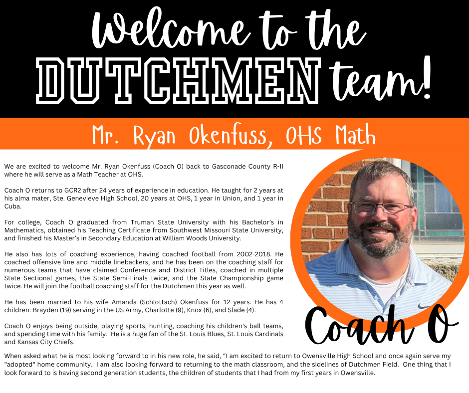 A poster welcomes Coach Ryan Okenfuss to the Dutchmen team. His photo is in an orange circle.