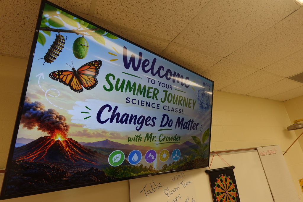 A large screen displays a colorful welcome banner for a science class titled "Changes Do Matter" with a butterfly, volcano, and greenery.