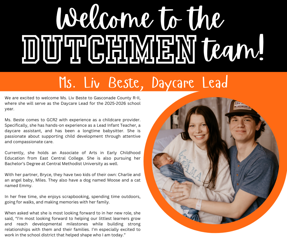 A black and white poster featuring a smiling woman holding a baby, with text "Welcome to the DUTCHMEN team! Ms. Liv Beste, Daycare Lead."