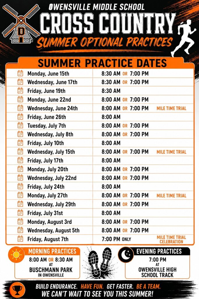 A poster for Owensville Middle School Cross Country Summer Optional Practices. It includes a schedule with dates and times for morning and evening practices.