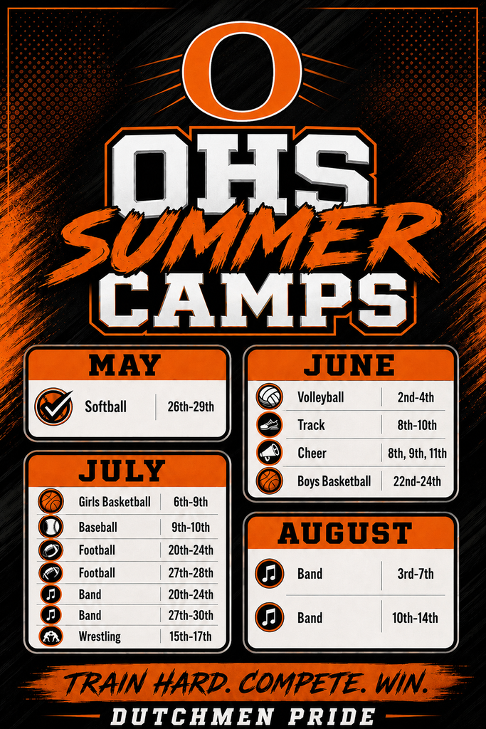 Poster advertising the Ohio High School Summer Camps, with months and dates listed for each sport and activity.