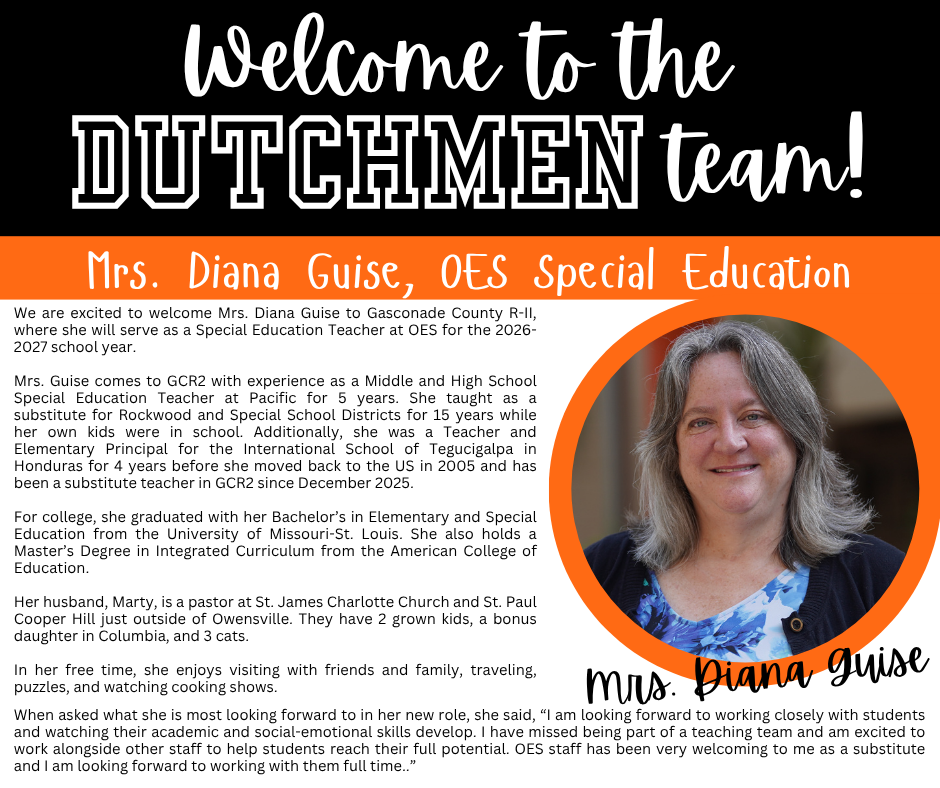 Text and image of a smiling woman. Text reads "Welcome to the DUTCHMEN team!" and "Mrs. Diana Guise, OES Special Education".