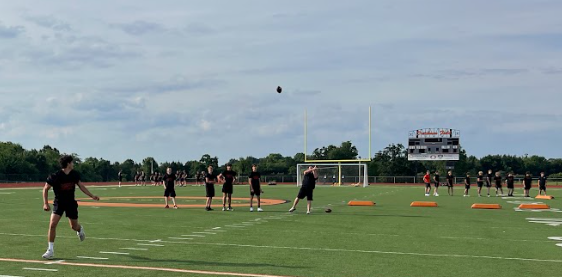 A group of players in black uniforms on a football field with a kicker in the middle.