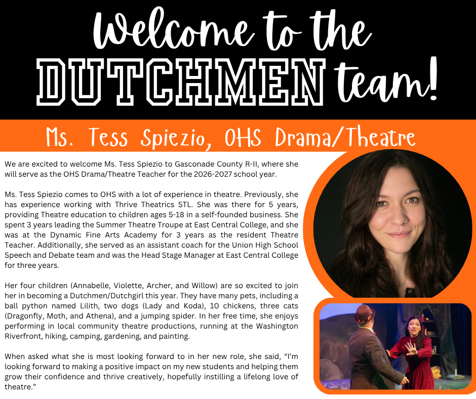 A welcome poster for Ms. Tess Spiezio, OHS Drama/Theatre teacher, with her photo and a list of her previous roles.