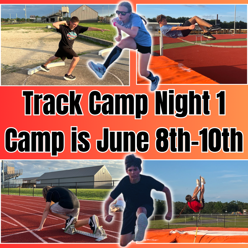 A collage of four photos of athletes in motion. Text reads "Track Camp Night 1 Camp is June 8th-10th."