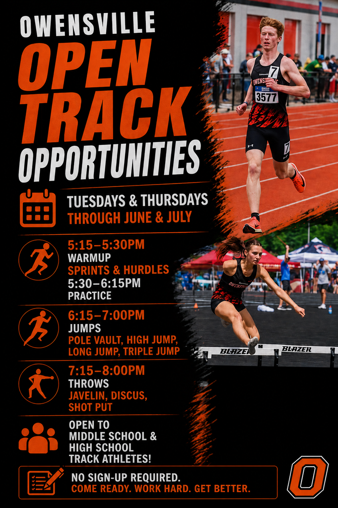 An advertisement for "Owensville Open Track Opportunities" includes a runner and schedule. Activities listed are warmup, hurdles, practice, jumps, throws, and shot put.
