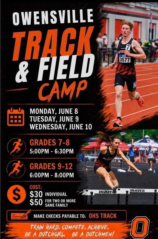 Flyer for Owensville Track & Field Camp. It features runners in mid-motion. Schedule is Monday, June 8, and Wednesday, June 10.