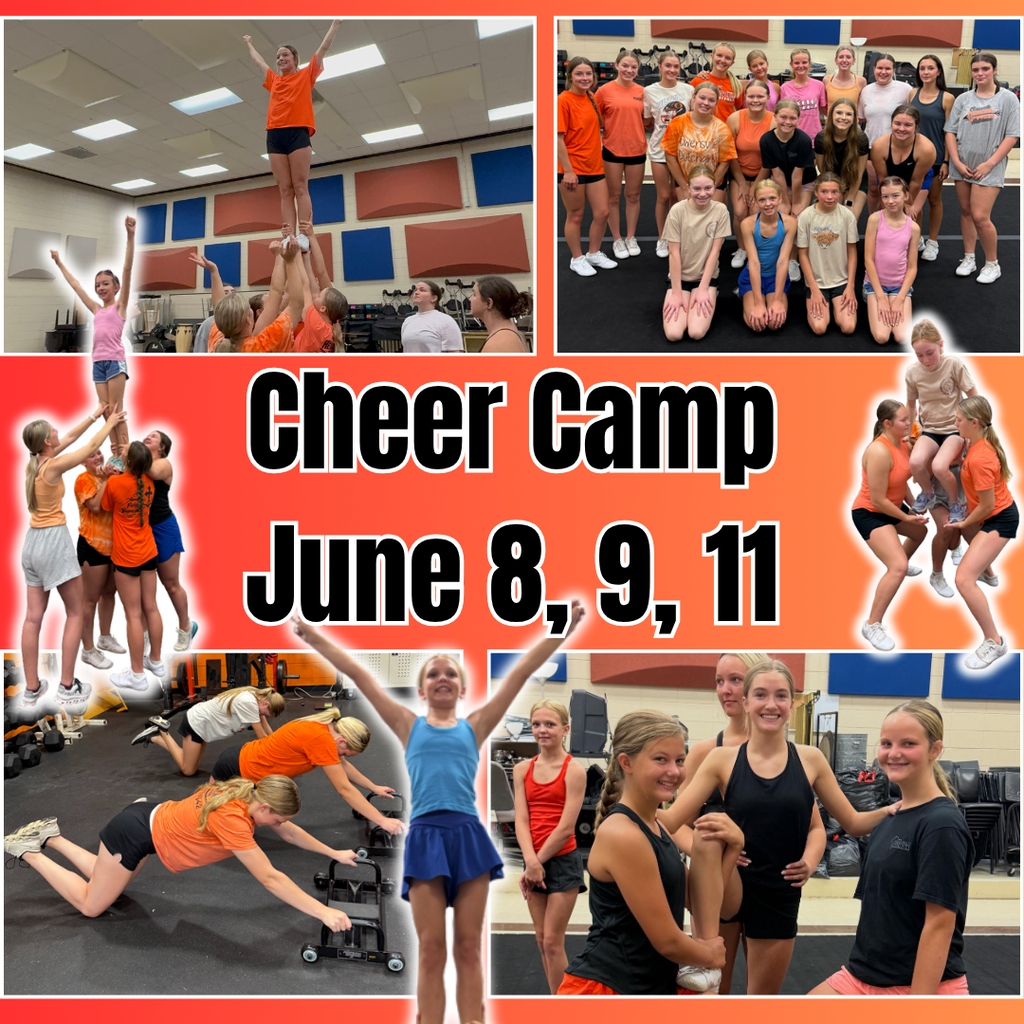 Collage of people performing cheer routines. One shows a pyramid. Text reads "Cheer Camp June 8, 9, 11".