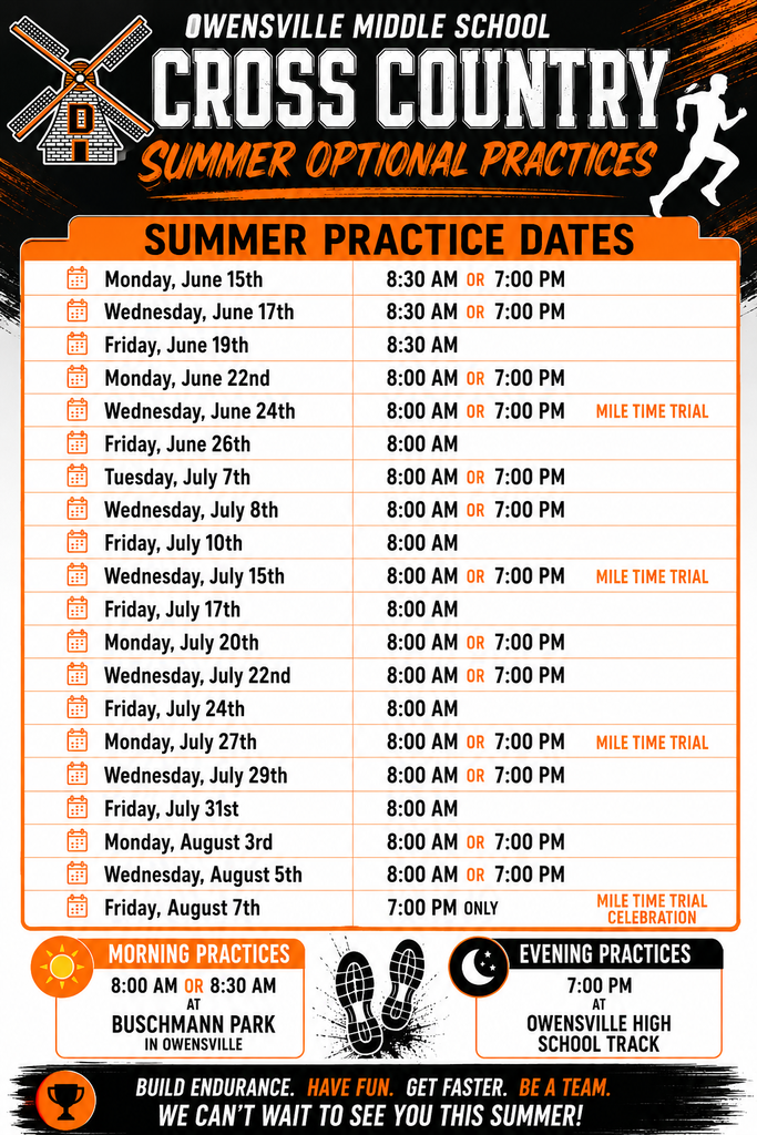Text reads "Owensville Middle School Cross Country Summer Optional Practices" with dates and times for practices.
