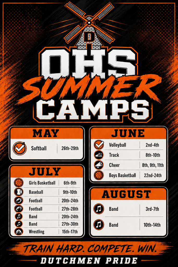 Poster with black and orange background and windmill. Months May, June, July, and August listed with dates and sports.
