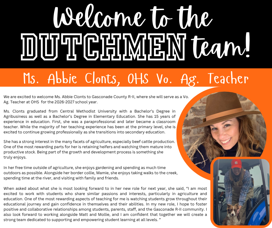 Text "Welcome to the DUTCHMEN team!" over an image of a smiling woman wearing a brown hat and red cap.