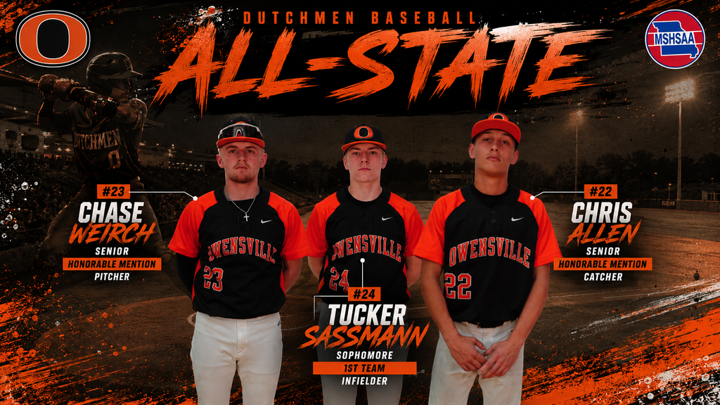 Three baseball players, Chase Welrich, Tucker Sassmann, and Chris Allen, in black and orange uniforms with text on the background.