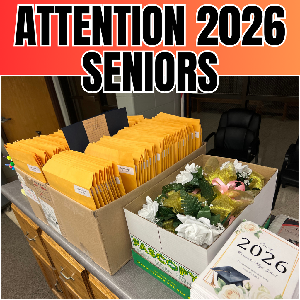 Stacks of envelopes and flowers in boxes on a counter. "ATTENTION 2026 SENIORS" is displayed at the top.